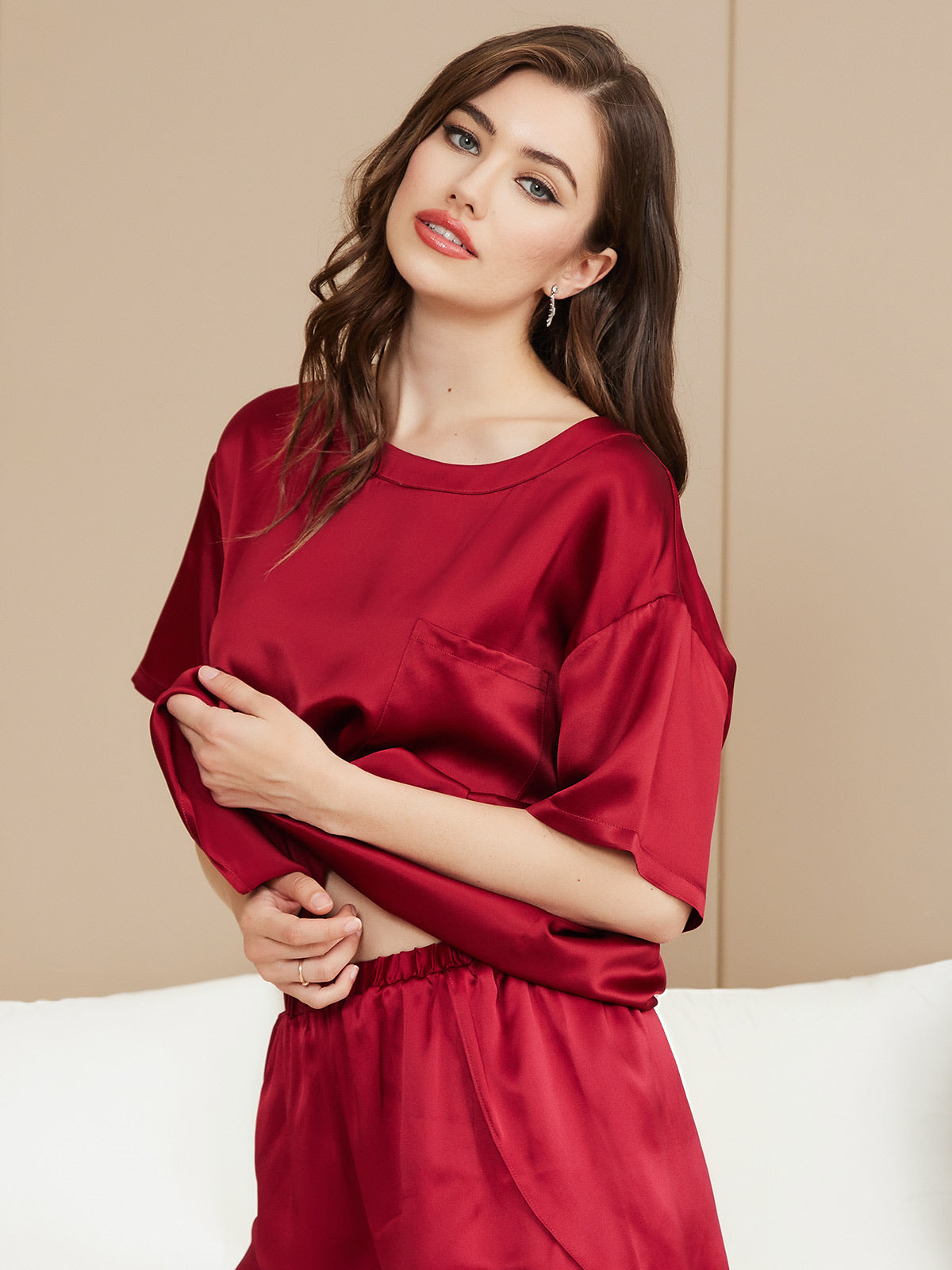 Damespyjamashirt van pure zijde, casual (short niet inbegrepen)