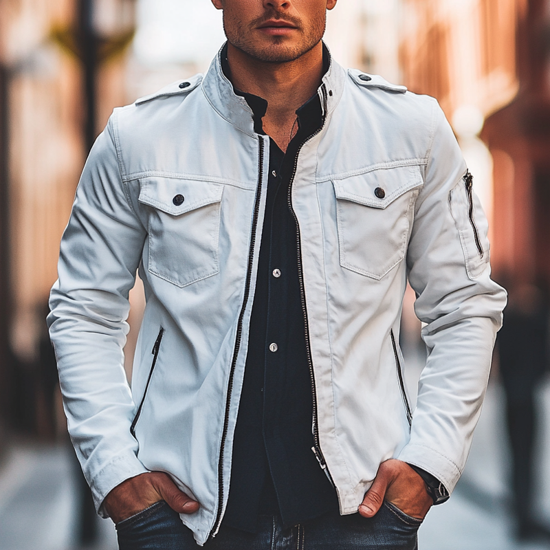 Heren slim-fit opstaande kraag jas met rits in effen kleur