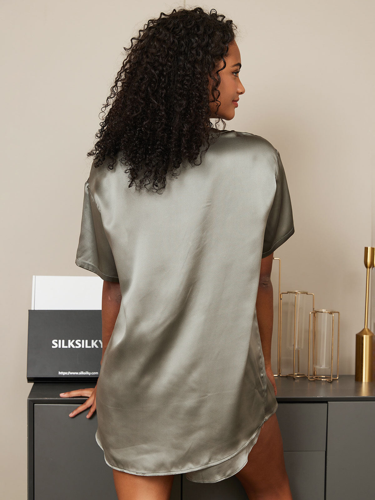 Damespyjamashirt van pure zijde, casual (short niet inbegrepen)