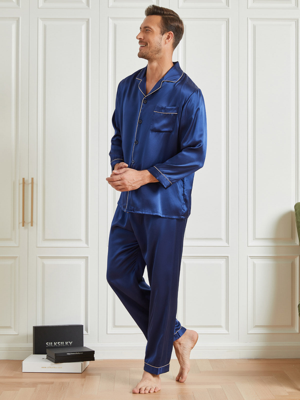 Ensemble Pyjama à Manches Longues à Revers pour Homme en Soie