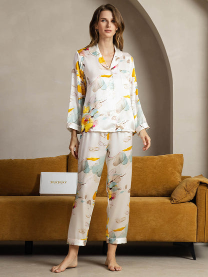 2-teiliges Damen-Pyjama-Set aus reiner Seide mit Paspelierung