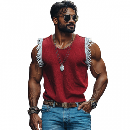 Heren Casual Ademende Katoenen Ronde Hals Contrastkleur Kwastje Losse Tanktop MTA21114E8M