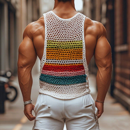 【24-uurs verzending】Mannen Casual Ronde Hals Gestreepte Gehaakte Tanktop MTA0774D7M