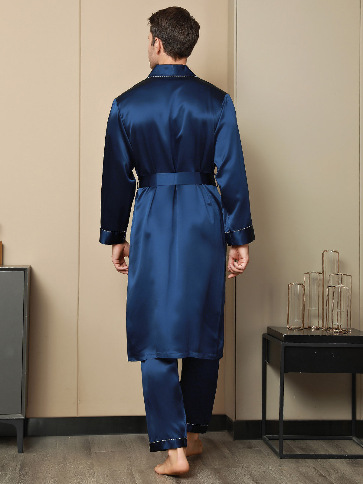 Peignoir Ceinturée Contrastante En Pure Soie (Sans Pantalon)