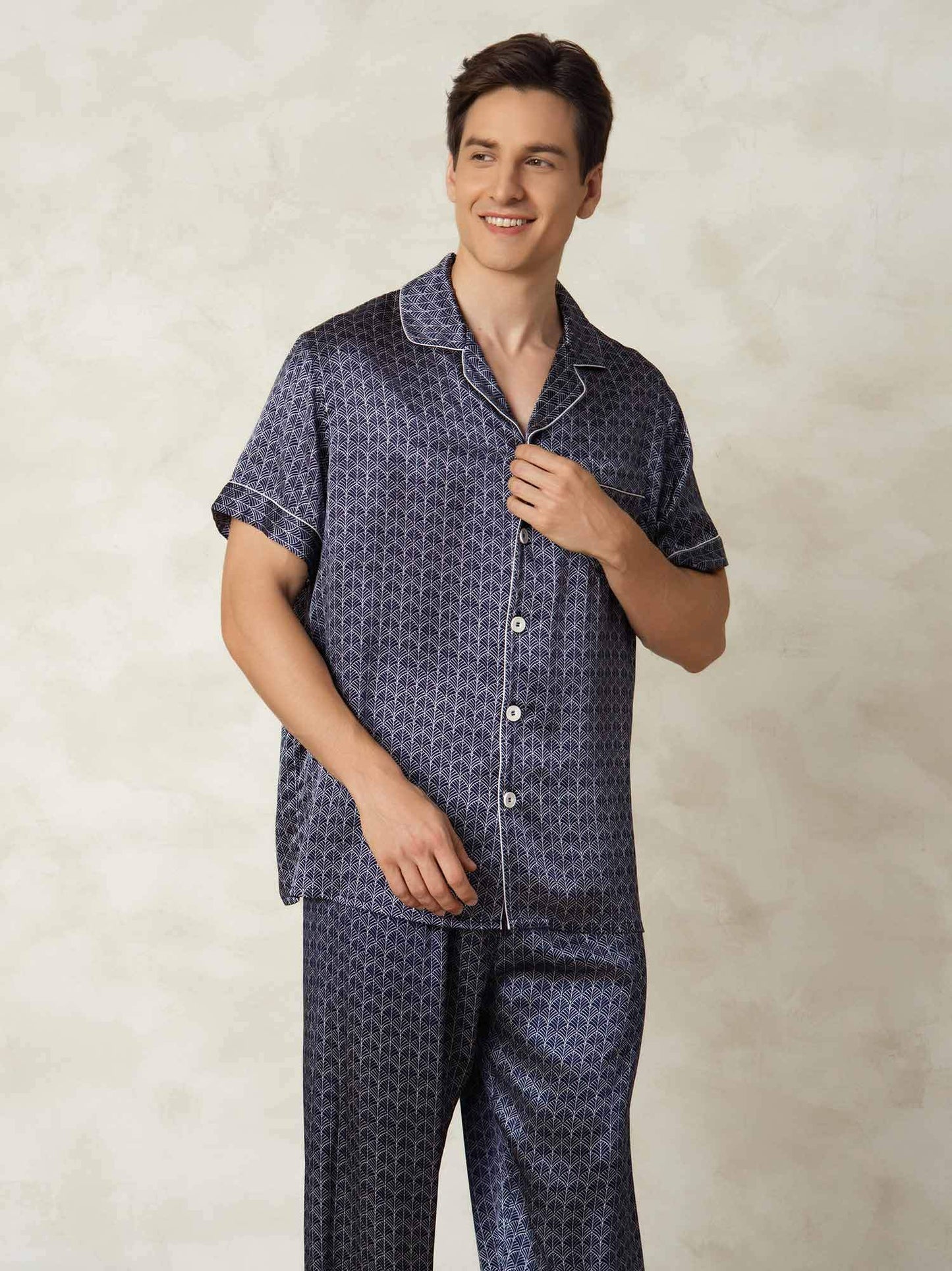 Homme Pyjamas Pure Soie Géométrique Long 2 Pièces