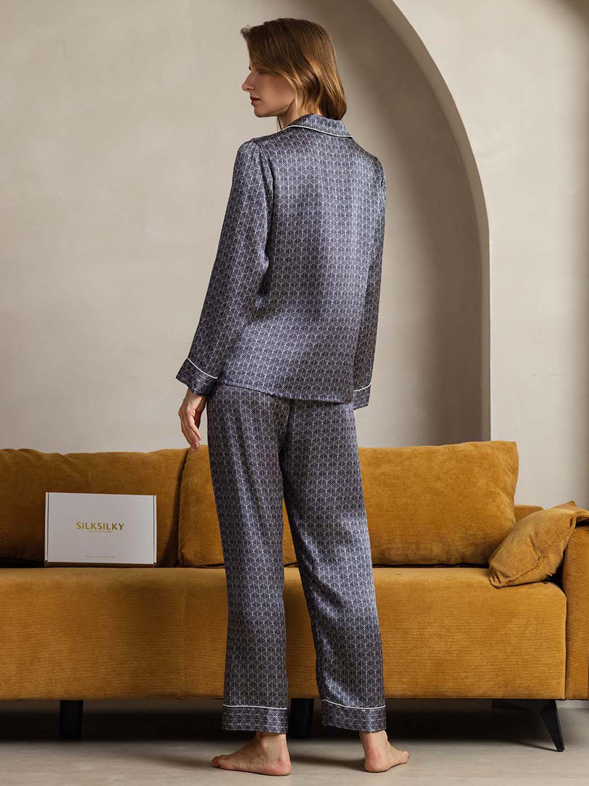 2-teiliges Damen-Pyjama-Set aus reiner Seide mit Paspelierung