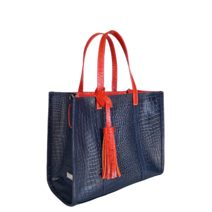 Greta leren dameshandtas, donkerblauw reptielleer