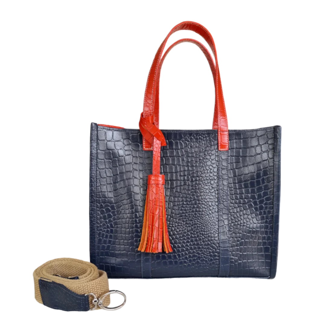Greta leren dameshandtas, donkerblauw reptielleer