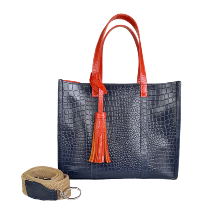 Greta leren dameshandtas, donkerblauw reptielleer