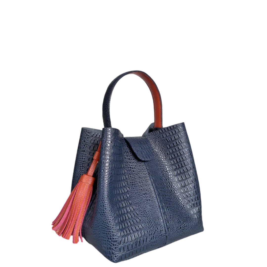 Lucia Damen kleine leren tas van donkerblauw hagedissenleer