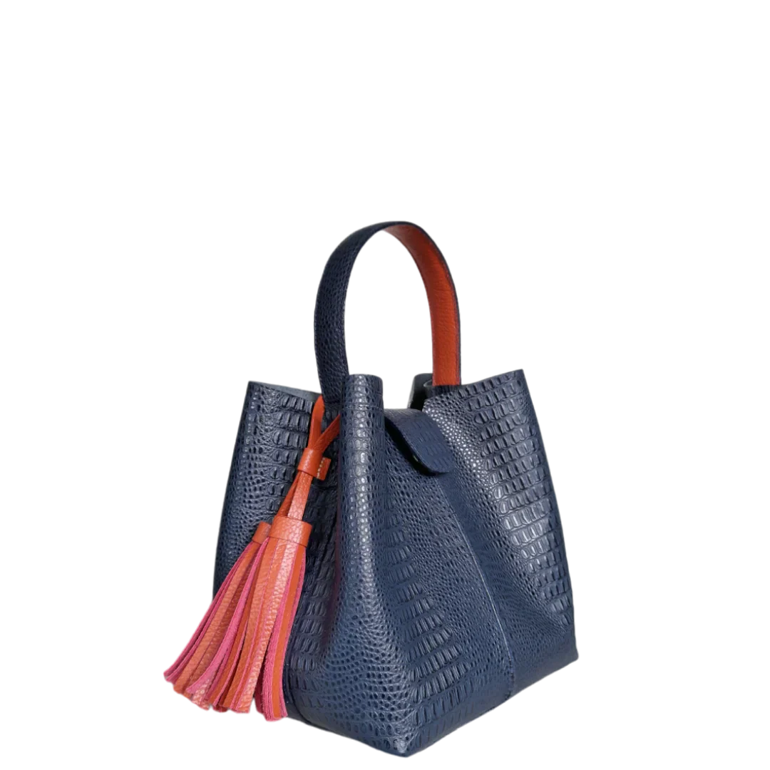 Lucia Damen kleine leren tas van donkerblauw hagedissenleer