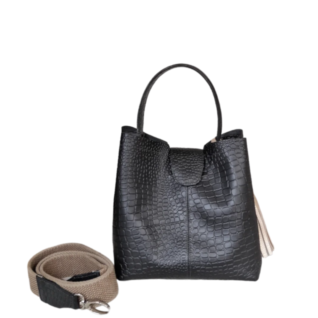 Lucia Reptil schwarz kleine Lederhandtasche für Frauen