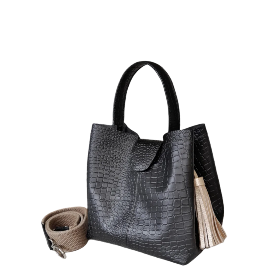 Lucia Reptil schwarz kleine Lederhandtasche für Frauen