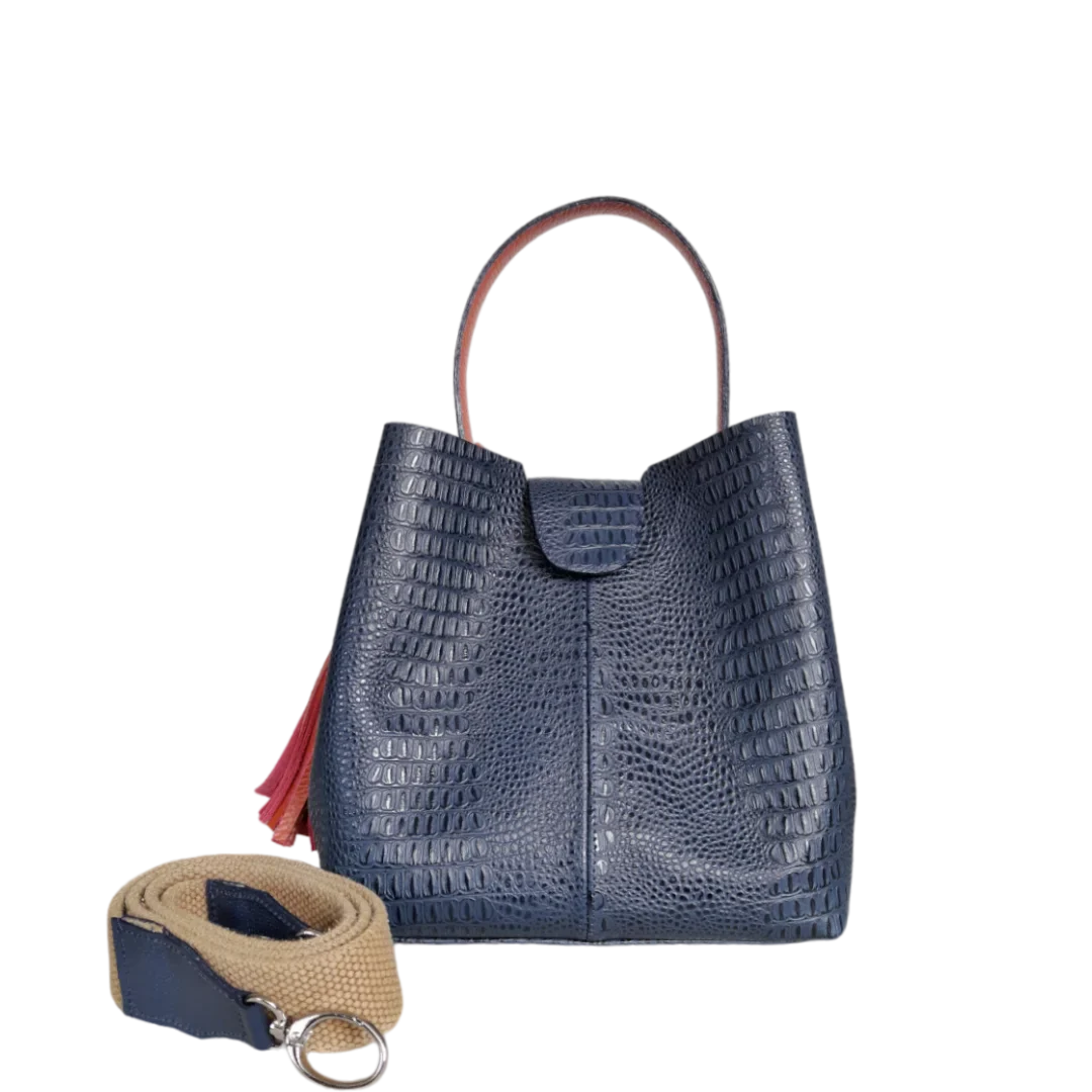 Lucia Damen kleine leren tas van donkerblauw hagedissenleer