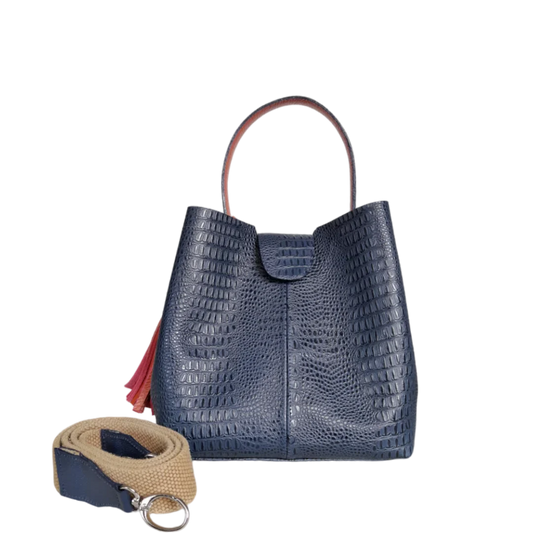 Lucia Damen kleine leren tas van donkerblauw hagedissenleer