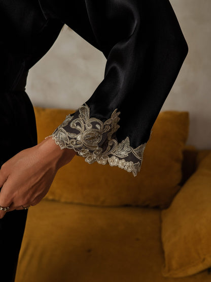 Soie Dentelle Poignets Peignoir Envelopper Kimono Ceinturé Avec 3/4 Manches