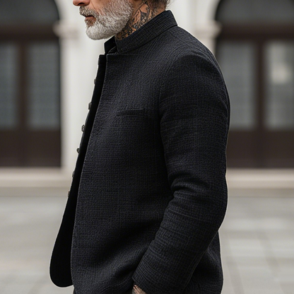 Men's jacket with woven texture, check pattern, stand-up collar and single-breasted closure