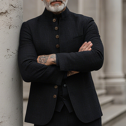 Men's jacket with woven texture, check pattern, stand-up collar and single-breasted closure