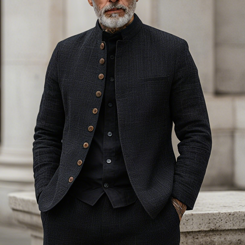 Men's jacket with woven texture, check pattern, stand-up collar and single-breasted closure