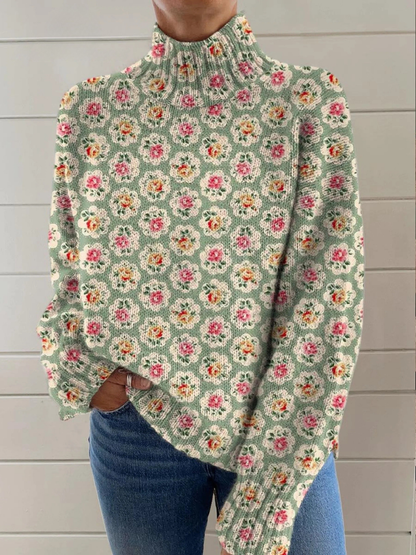 Damen Liebevolles Floral Kunst Druck Strick Rollkragen Pullover
