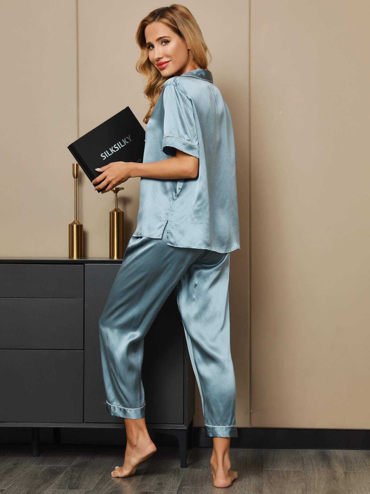 Ensemble de Pyjama en Pure Soie avec Passepoil 2Pcs