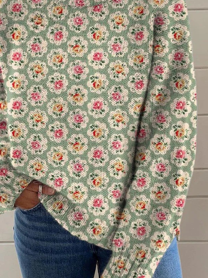 Damen Liebevolles Floral Kunst Druck Strick Rollkragen Pullover