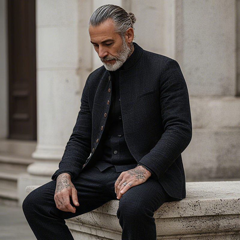 Men's jacket with woven texture, check pattern, stand-up collar and single-breasted closure