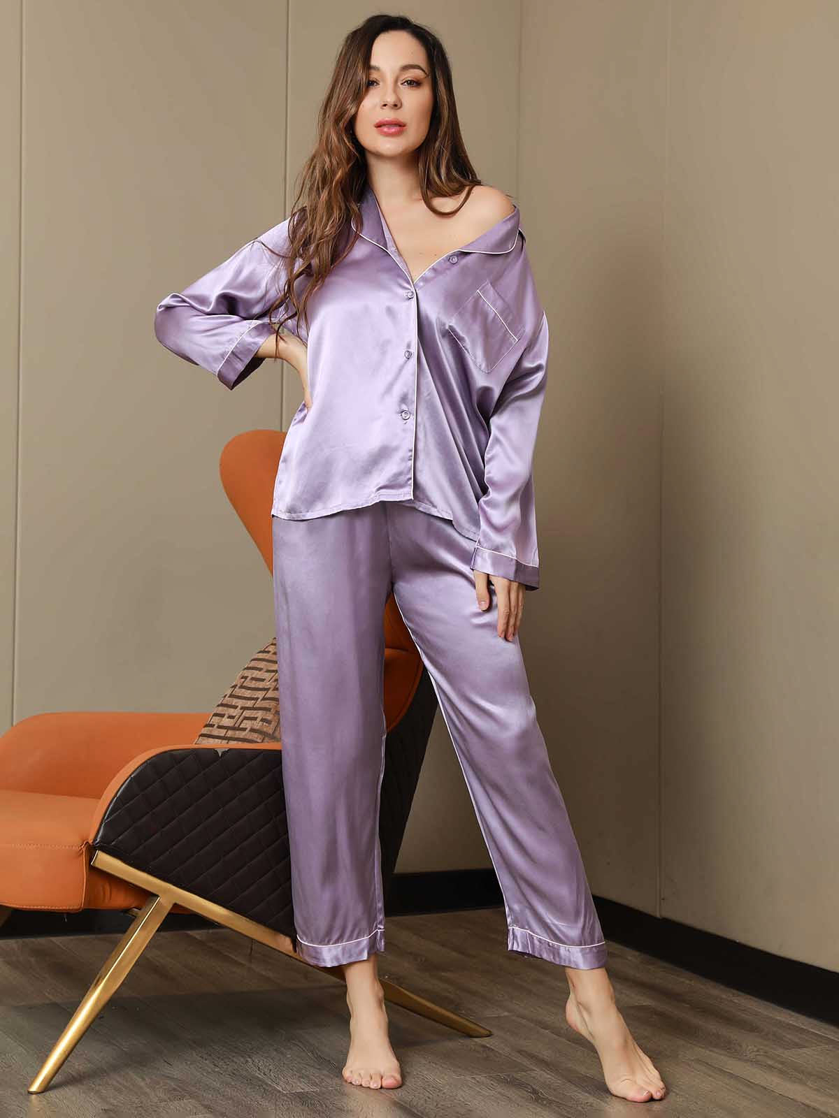 2-teiliges Damen-Pyjama-Set aus reiner Seide mit Paspelierung