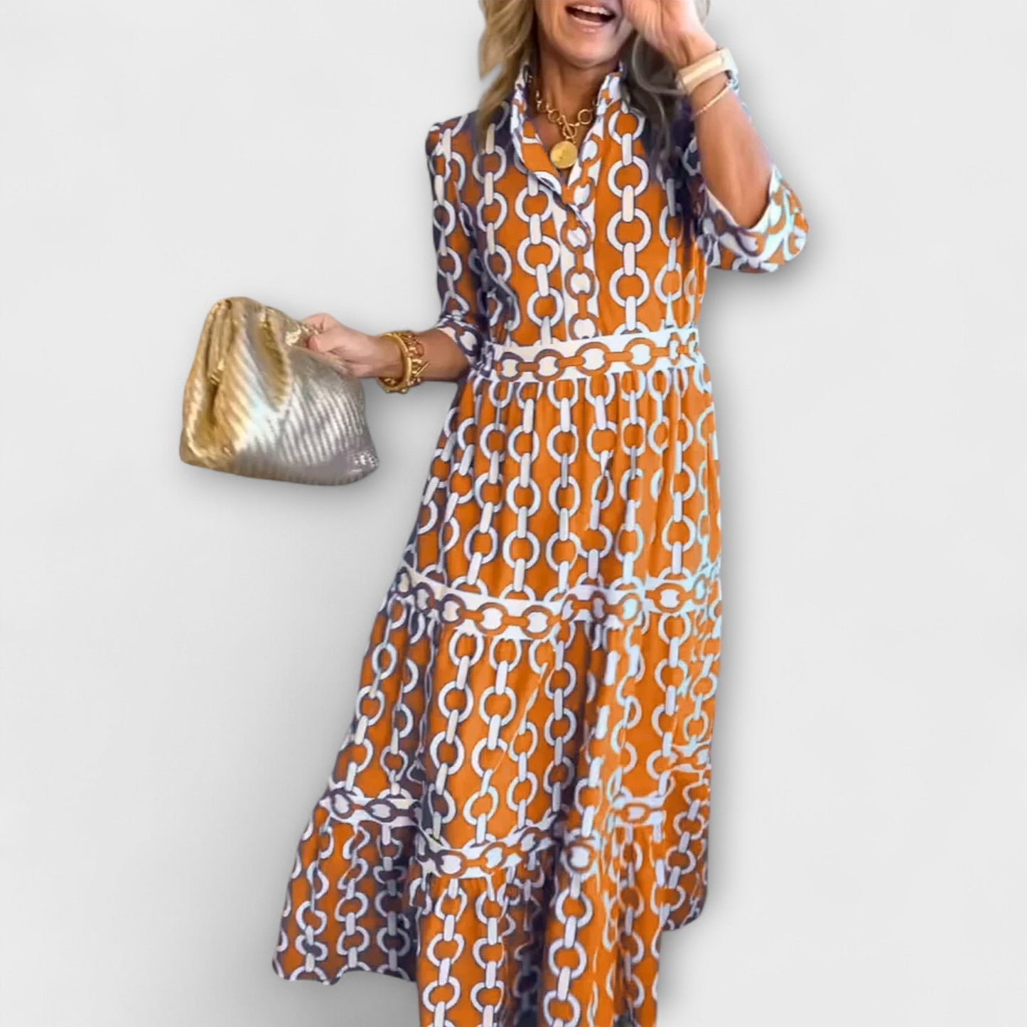 Tiffany™ – Polished Chain-Print Midi Shirt Dress