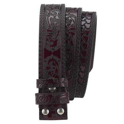 Heren splitleren vintage gegraveerde riem met gladde gesp 03835457U