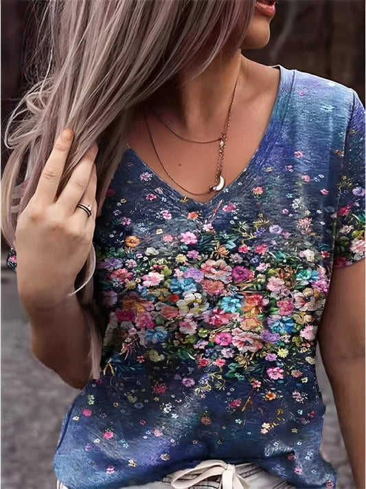 74V-Ausschnitt Blumenkunst T-Shirt