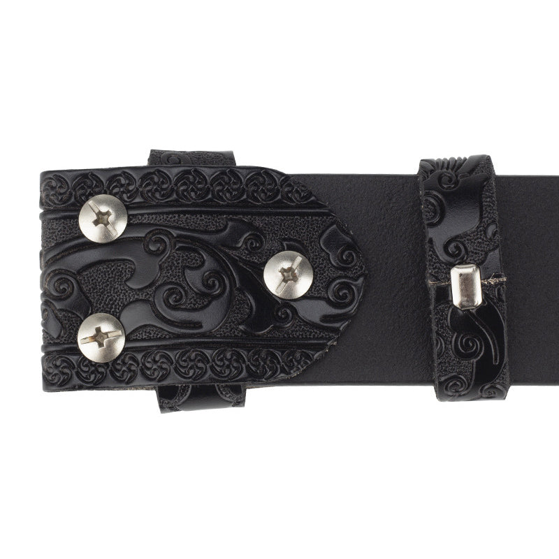 Heren splitleren vintage gegraveerde riem met gladde gesp 03835457U