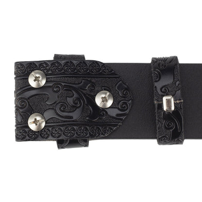Heren splitleren vintage gegraveerde riem met gladde gesp 03835457U