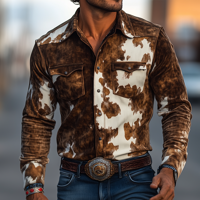Herren Retro Casual Langarmhemd im Western-Stil mit Kuhfell-Print aus Wildleder und Reverskragen