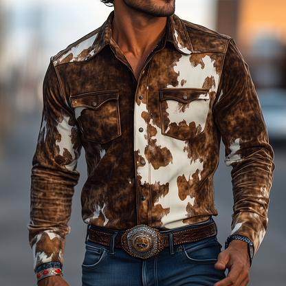Herren Retro Casual Langarmhemd im Western-Stil mit Kuhfell-Print aus Wildleder und Reverskragen
