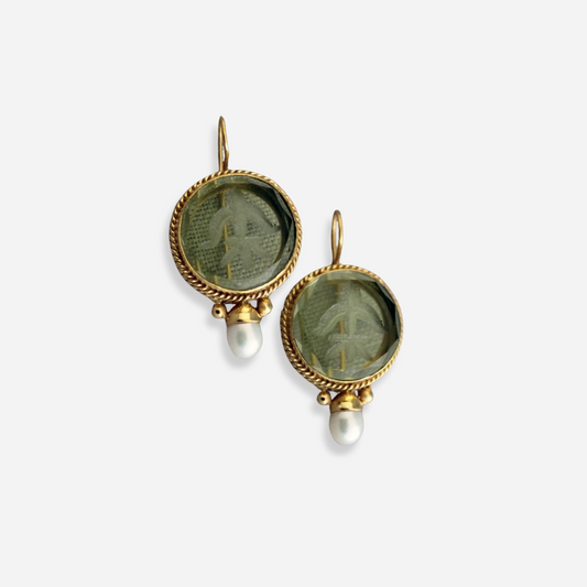 Amélie™ | Vintage Groene Steen & Parel Oorbellen