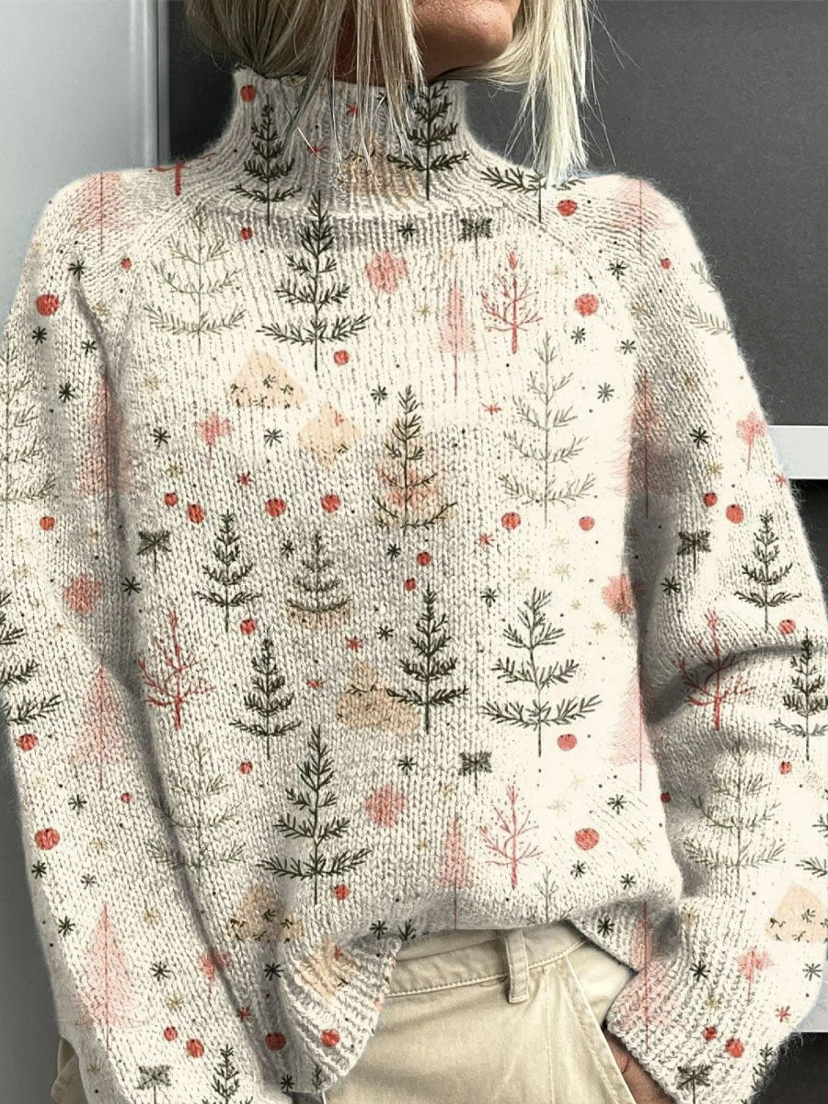 Damen Liebliches Weihnachtsbaum Kunstdruck Strick Rollkragenpullover