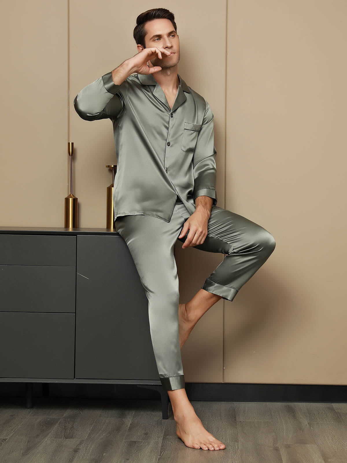 Pyjama à Revers en Pure Soie pour Hommes 2Pcs