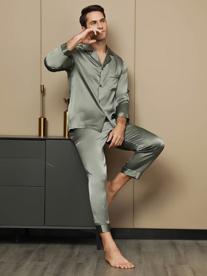 Pyjama à Revers en Pure Soie pour Hommes 2Pcs