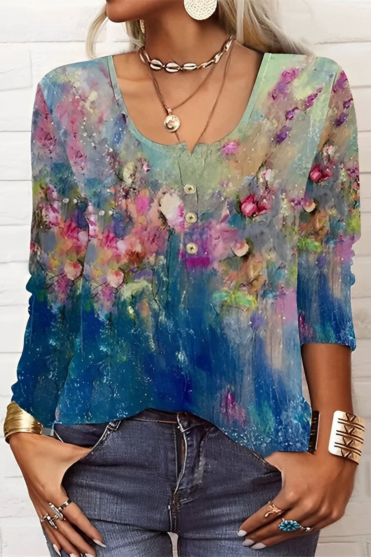 Ronde hals bloemenprint lange mouwen casual T-shirt