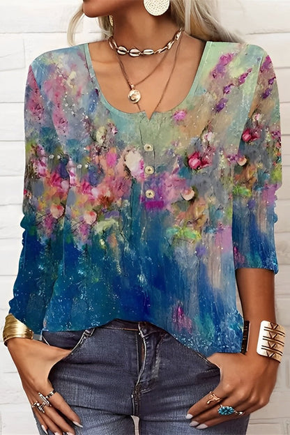 Ronde hals bloemenprint lange mouwen casual T-shirt