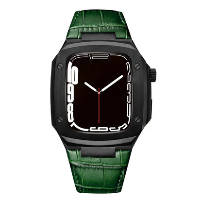 Luxuriöses Metallgehäuse mit Lederarmband für Apple Watch Serie 40/41/44/45 mm