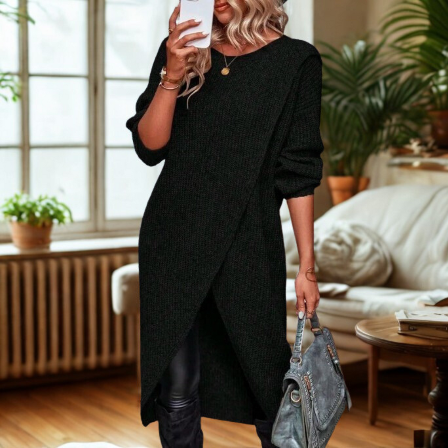 GALLY™ - Casual effen wikkel-tuniek-gebreide jurk