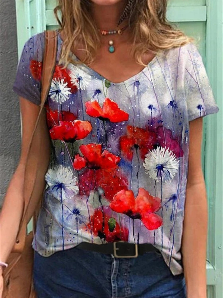 Floral Kunstreproduktion V-Ausschnitt T-Shirt