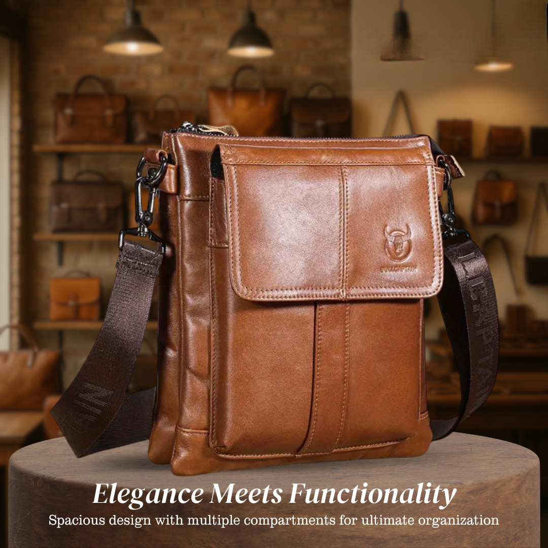 Nathan – Slim leren schoudertas met flapzakken-design
