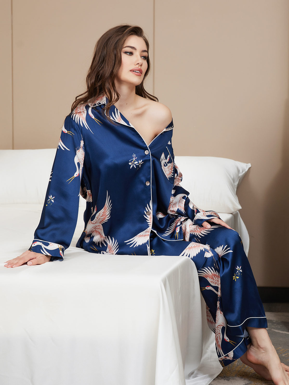 19-Momme Reine Seide – Klassischer Print mit kontrastierendem Paspel, Damen-Pyjama-Set