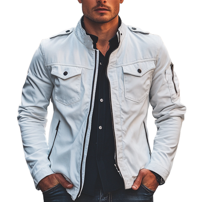 Heren slim-fit opstaande kraag jas met rits in effen kleur