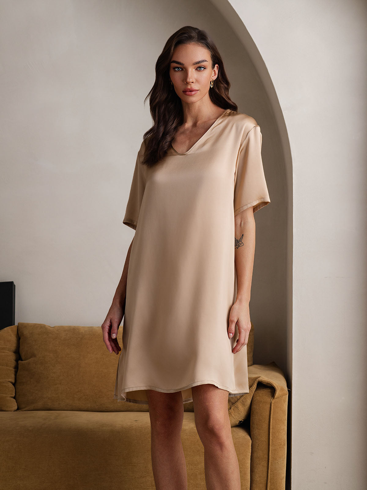Chemises de nuit Pure Soie Sexy ourlet fendu Manches courtes