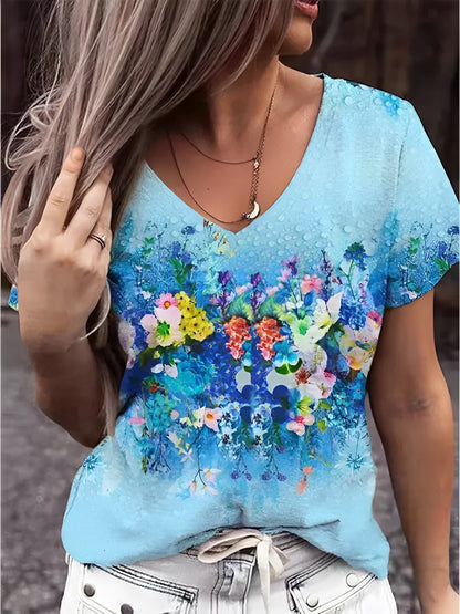 74V-Ausschnitt Blumenkunst T-Shirt