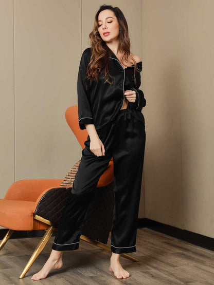 2-teiliges Damen-Pyjama-Set aus reiner Seide mit Paspelierung
